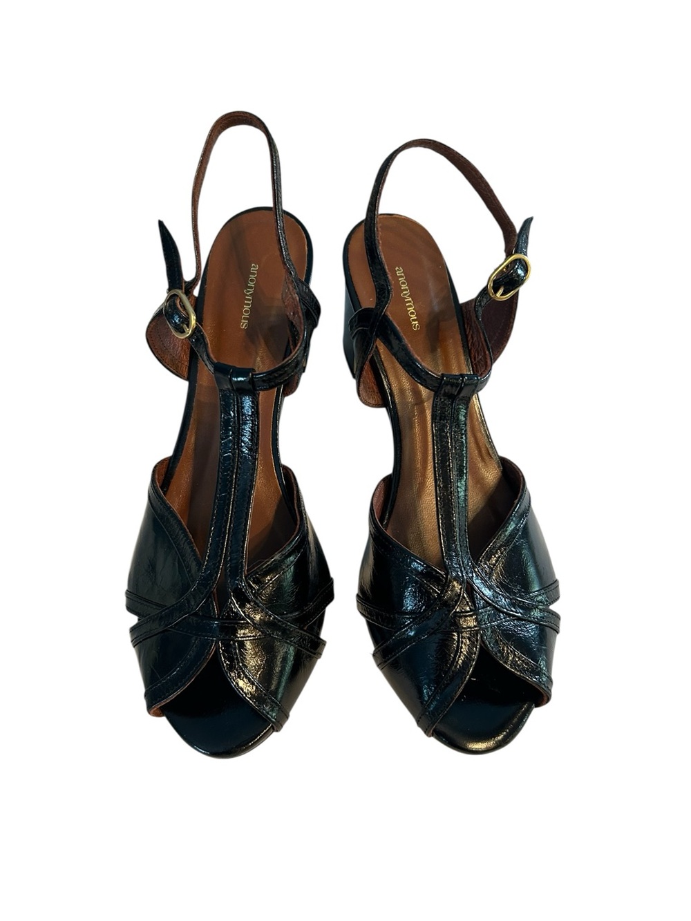 Anonymous Copenhagen Slingback T-Strap Patent Heels in Black perfect for summer